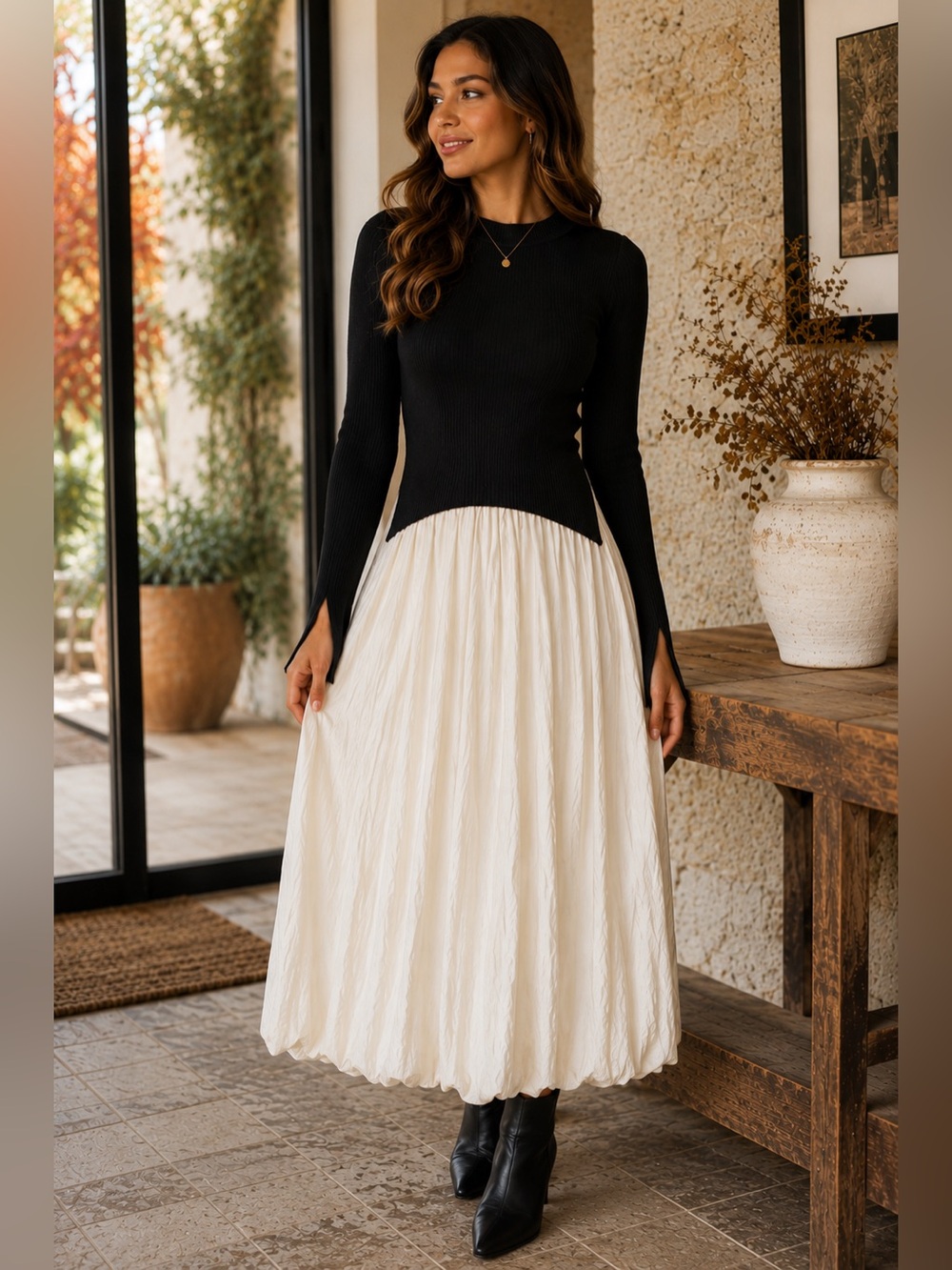 🖤 Heyson Contrast Knit Midi Dress – Black & Ivory 🤍